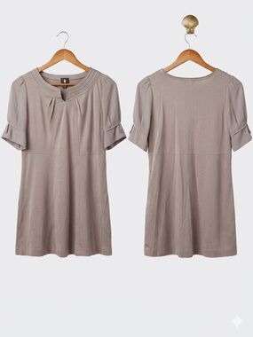 A/C Design by Alpha Cubic Pleated Neck Tie-Sleeve Dress - Taupe - Size L